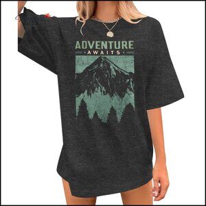 Cotton Blend Oversized Graphic Tee Adventure Awaits Mountain Nature